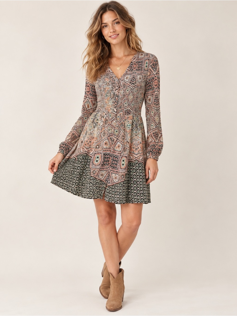 Maeve Anthropologie Bohemian Tiled Amethyst Long Sleeve Mini Dress - Pink/Green